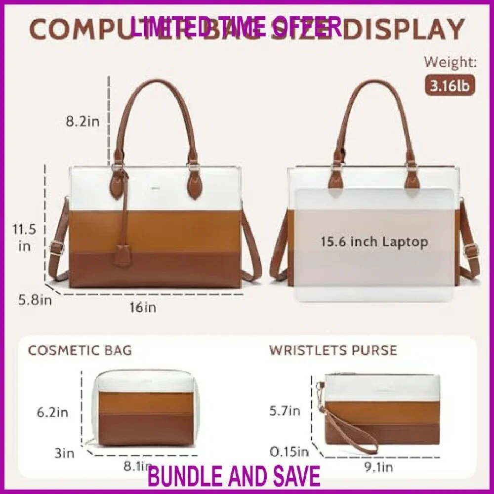 15.6 Inch Waterproof Leather Laptop Tote Bag with Multi Compartments